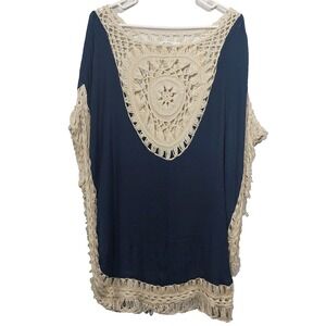 Paradise USA Womens One Size Beach Crochet Poncho Navy Cream Yard Blended Fabric